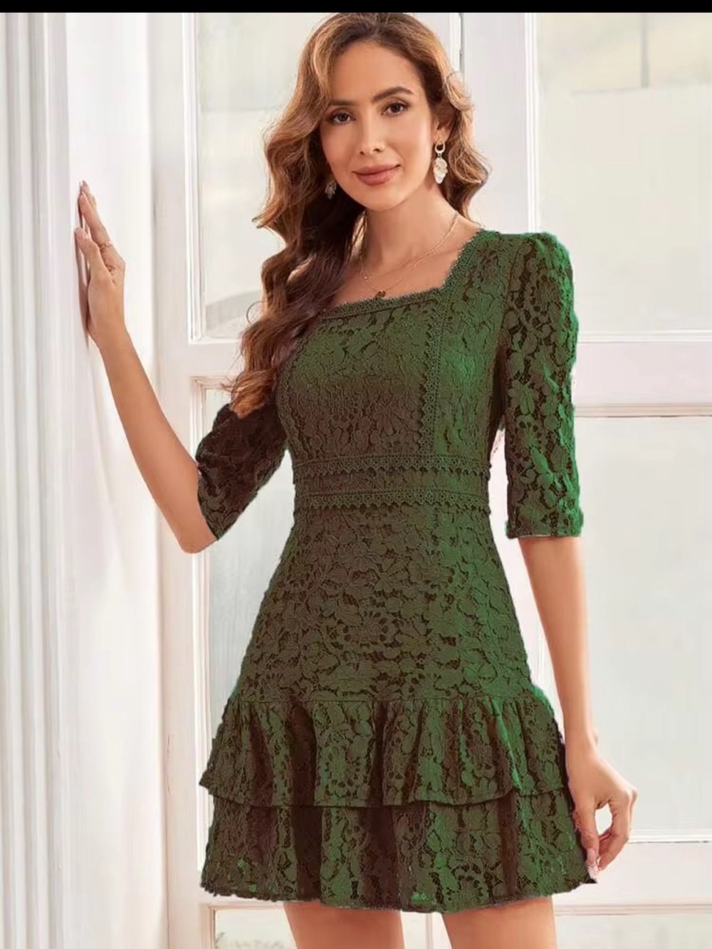 Floral Lace Mini Dress - Dark Green